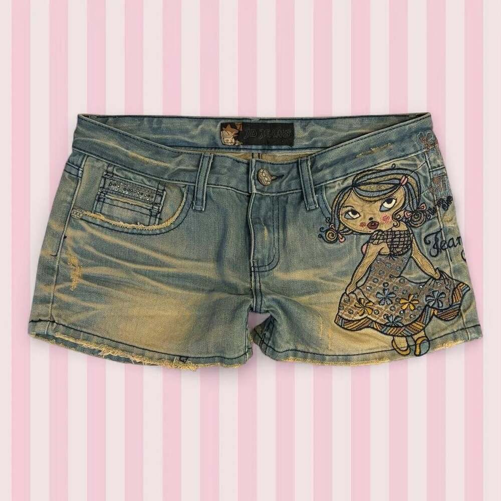 JD Jeans Y2K Low Rise Graphic Embroidered Denim Shorts